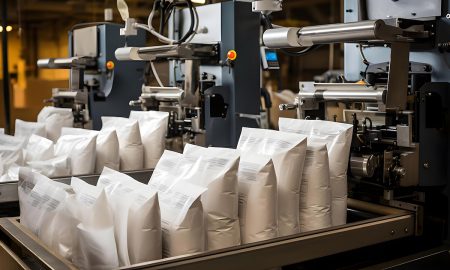 Automated machines packaging granulated sugar into labeled bags